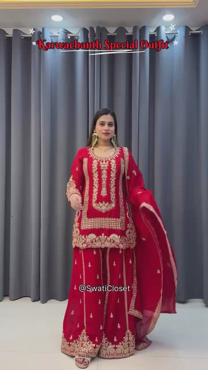 NEW Launching  Karwa chauth Red & Rani Colour Designer Party Wear Look Collection