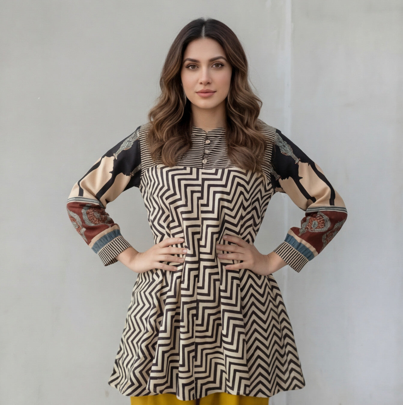 Black & Beige Geometric Printed Tunic