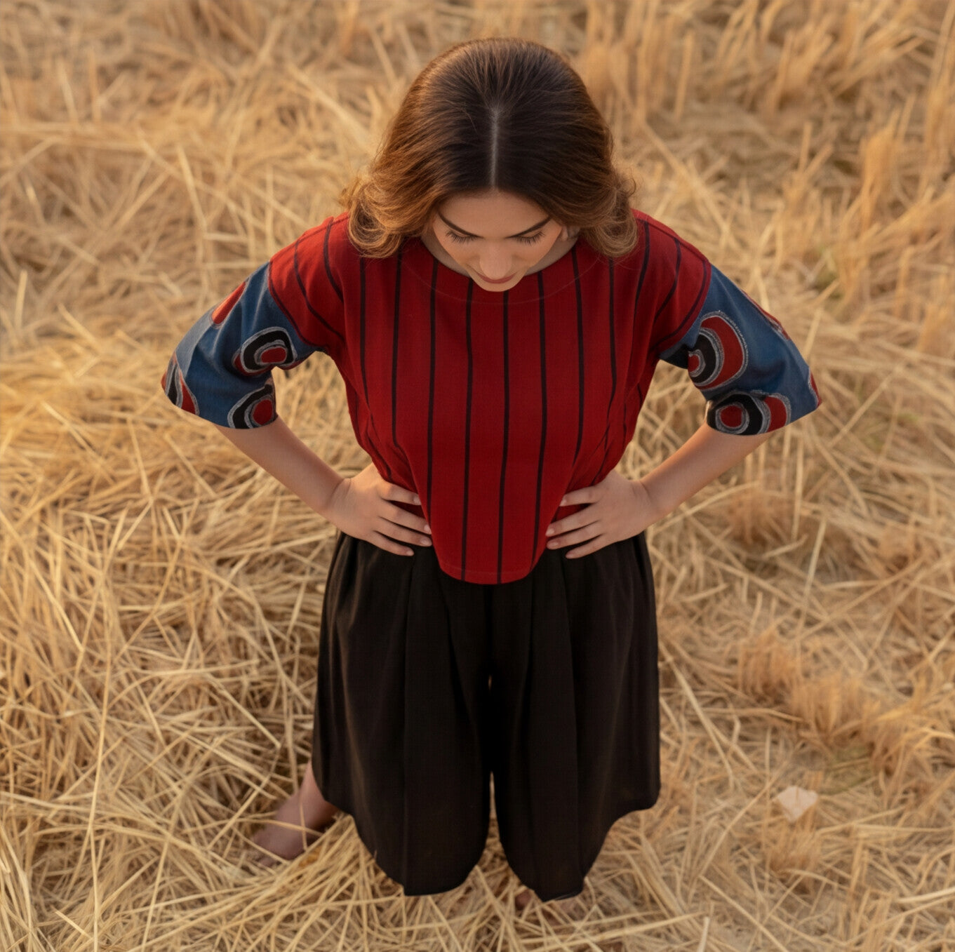 Women’s Red Striped Printed Top with Black Culottes Set
