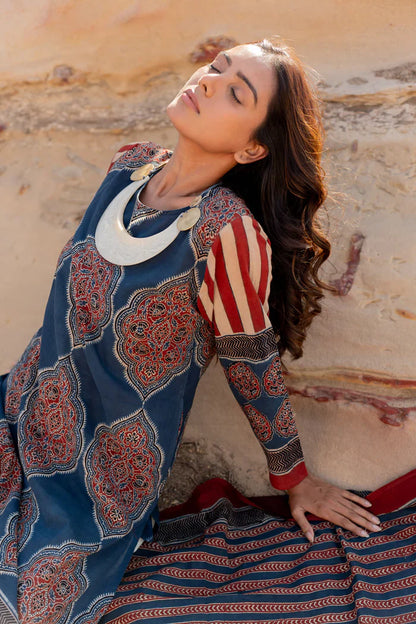 Ethnic Printed Cotton Kurta Set With Dupatta – Blue & Maroon