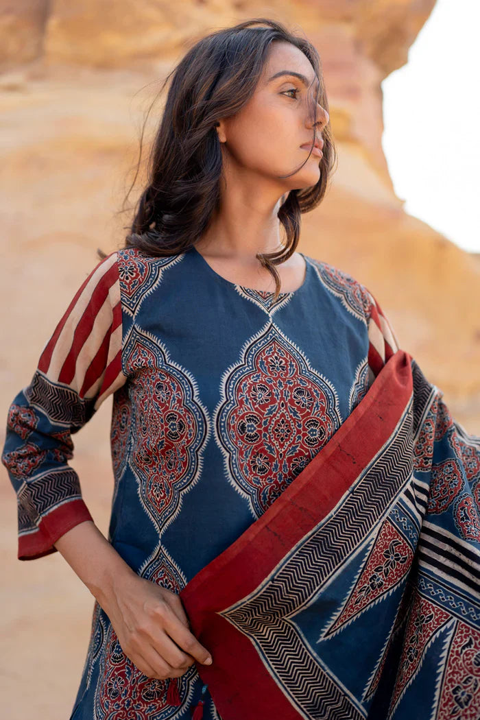 Ethnic Printed Cotton Kurta Set With Dupatta – Blue & Maroon