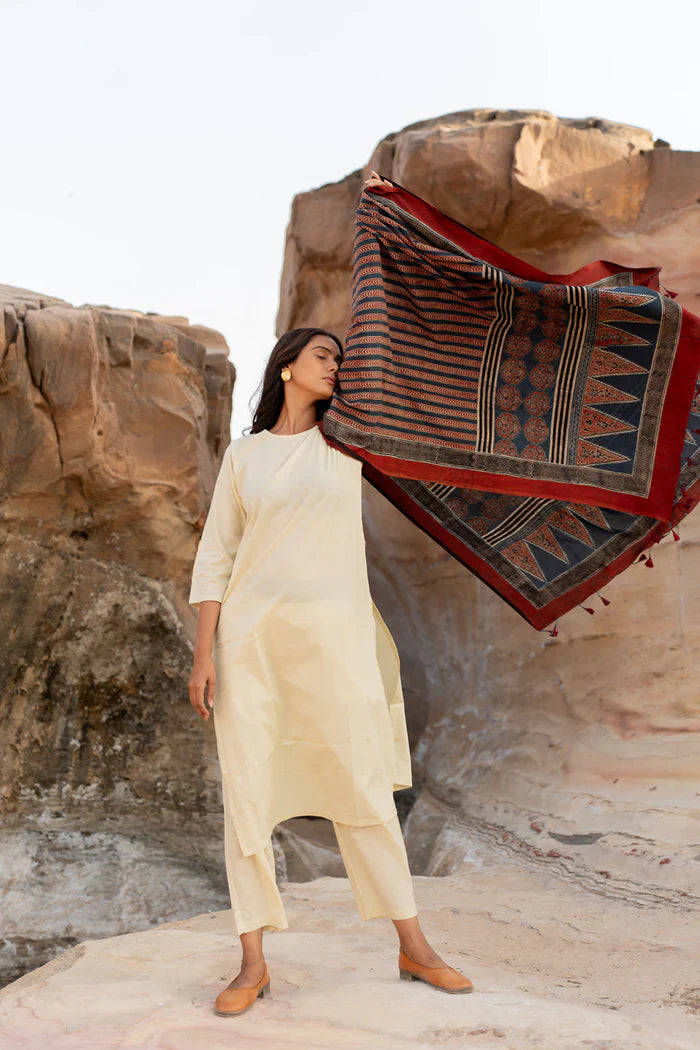 Ivory Cotton Kurta Set with Navy & Maroon Printed Dupatta