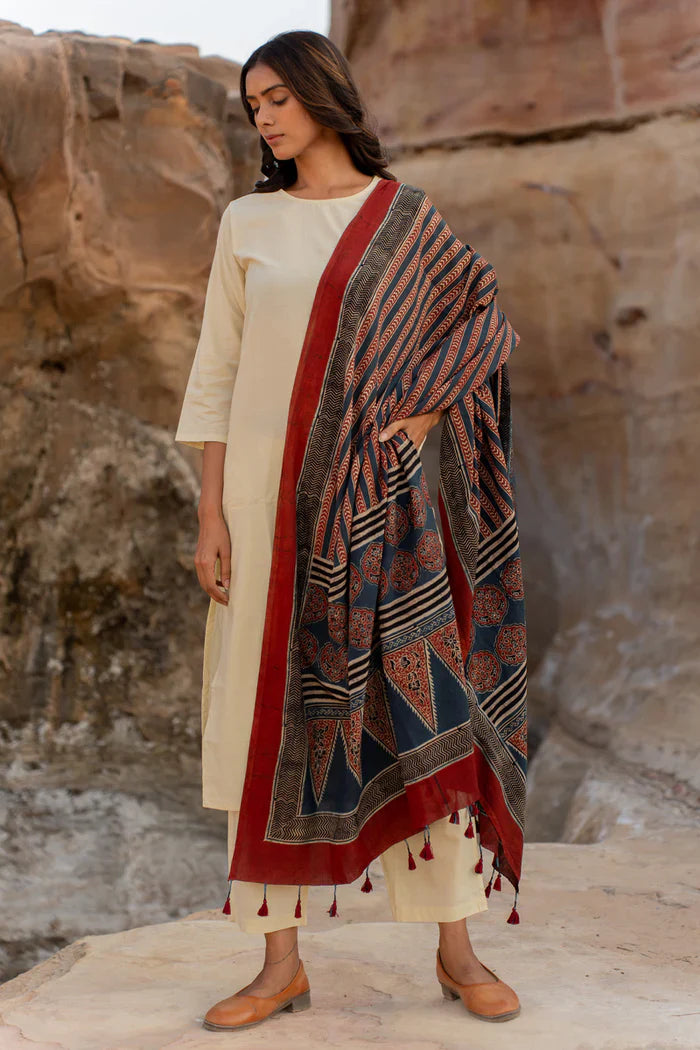 Ivory Cotton Kurta Set with Navy & Maroon Printed Dupatta