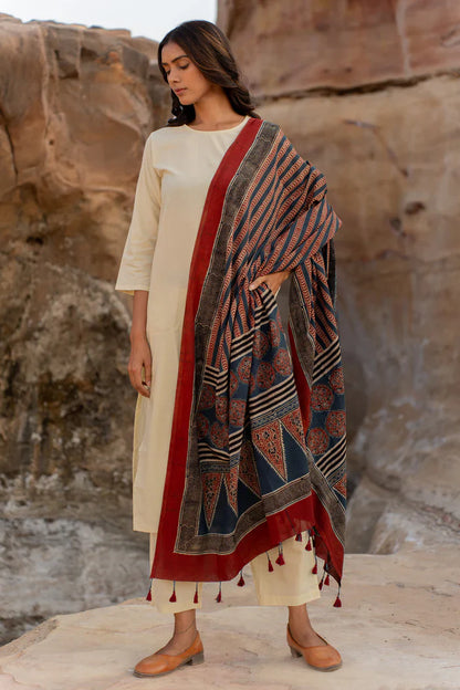 Ivory Cotton Kurta Set with Navy & Maroon Printed Dupatta