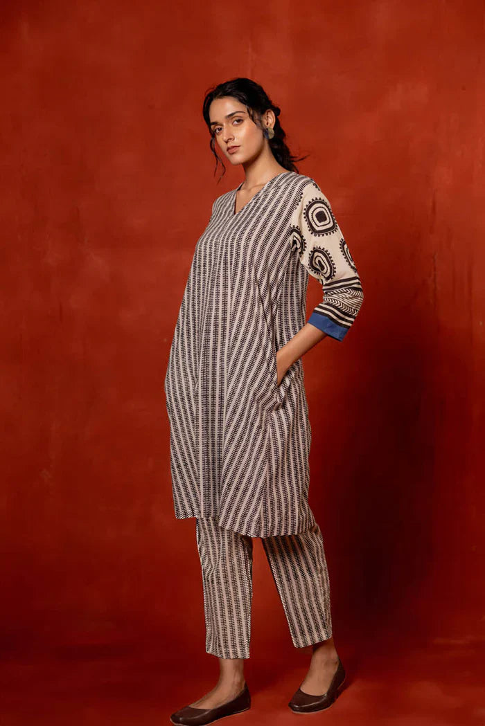 Printed Beige & Black Cotton Kurta–Pant Co-ord Set