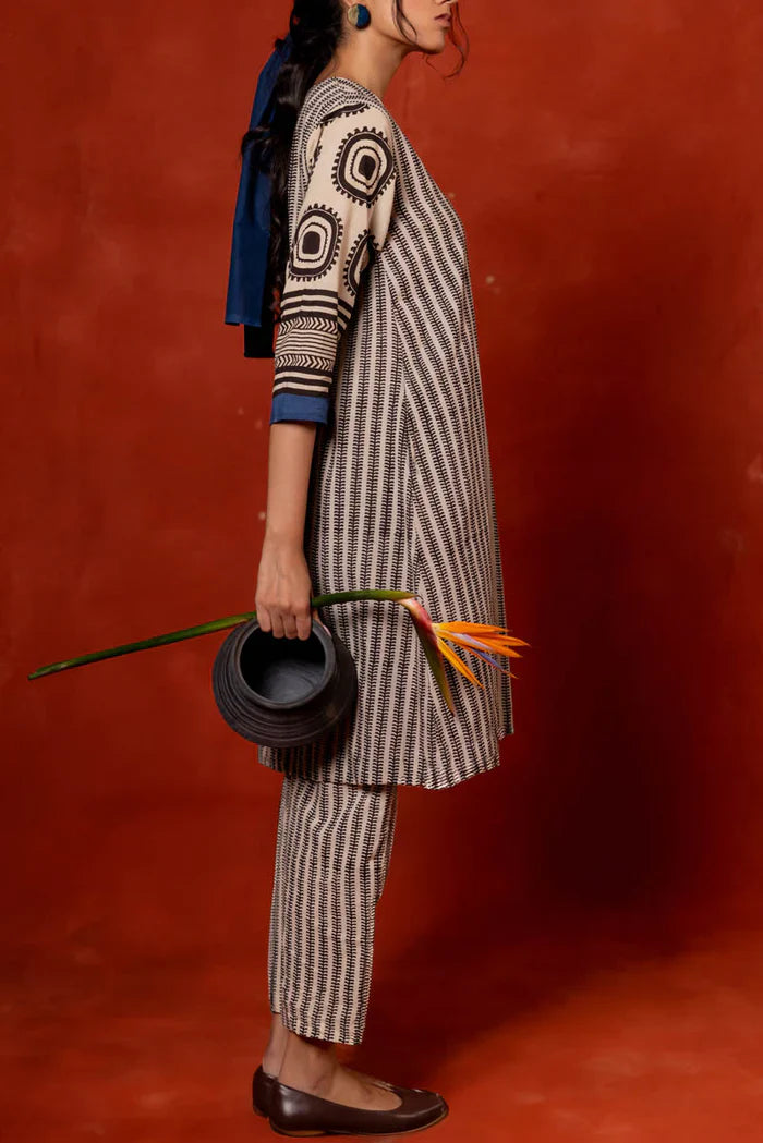 Printed Beige & Black Cotton Kurta–Pant Co-ord Set