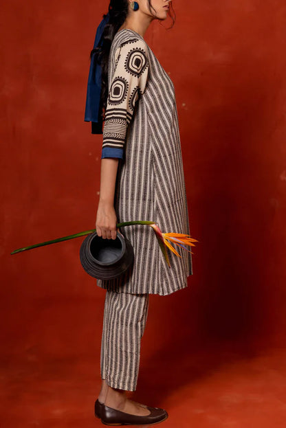 Printed Beige & Black Cotton Kurta–Pant Co-ord Set