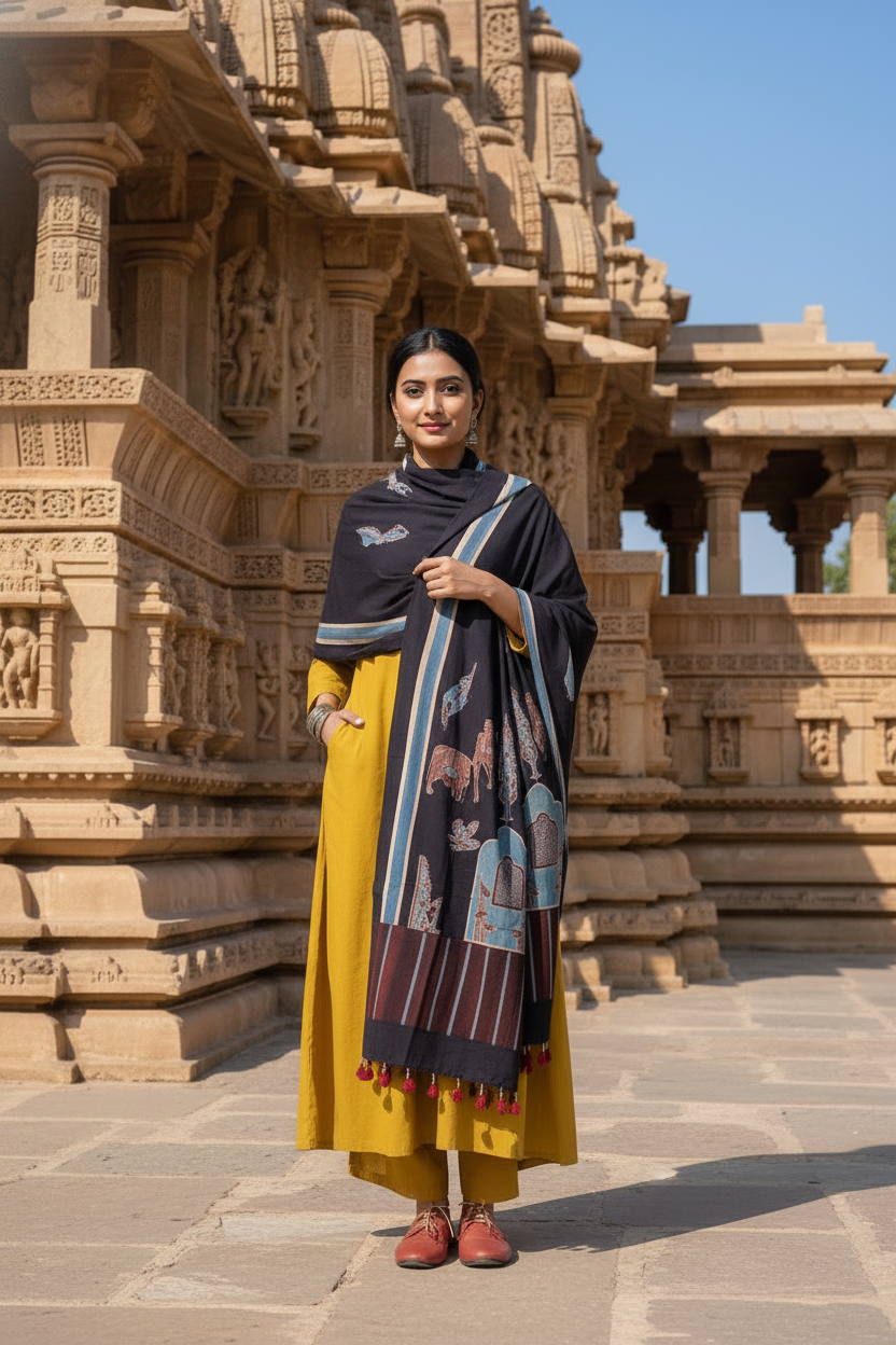Mustard Yellow Kurta Set with Printed Dupatta