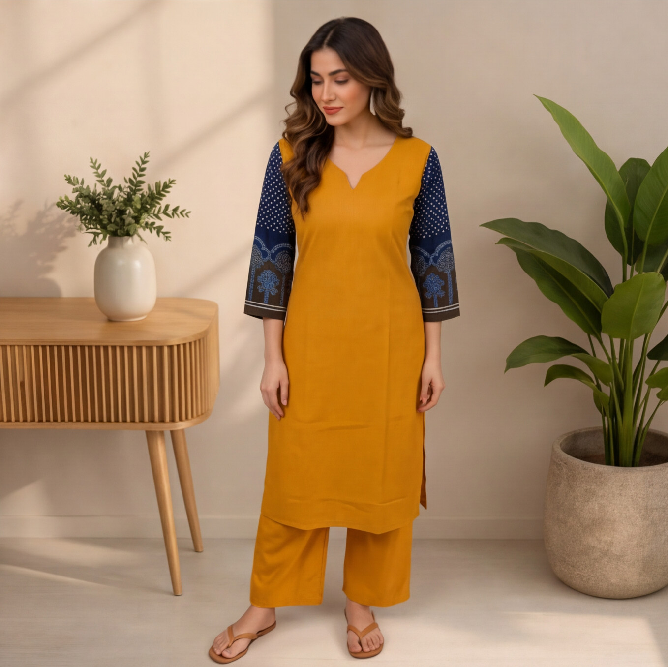 Women's Mustard Yellow Straight Kurta Set with Navy Blue Printed Sleeves