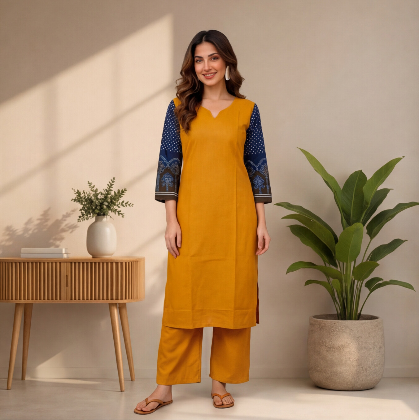 Women's Mustard Yellow Straight Kurta Set with Navy Blue Printed Sleeves