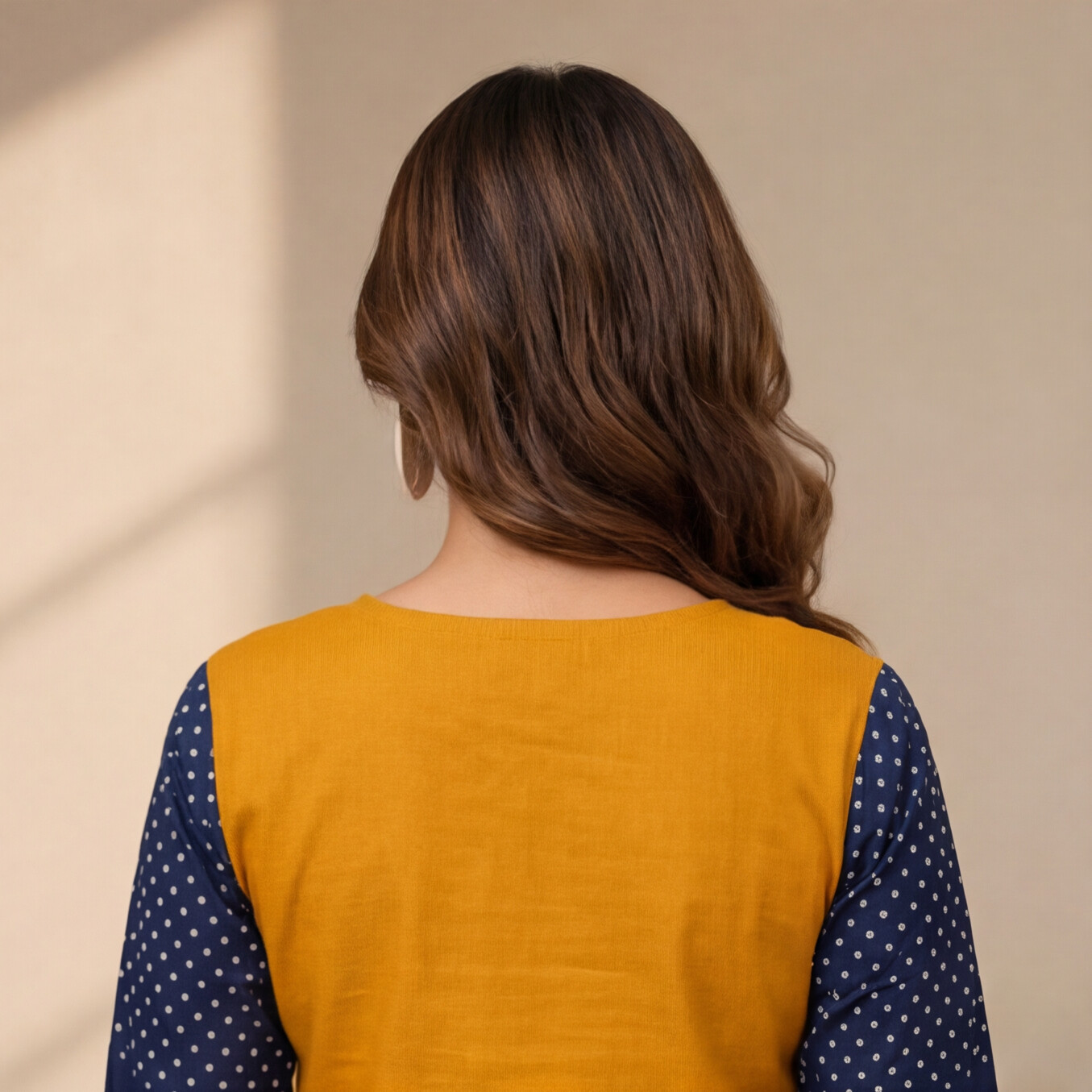 Women's Mustard Yellow Straight Kurta Set with Navy Blue Printed Sleeves