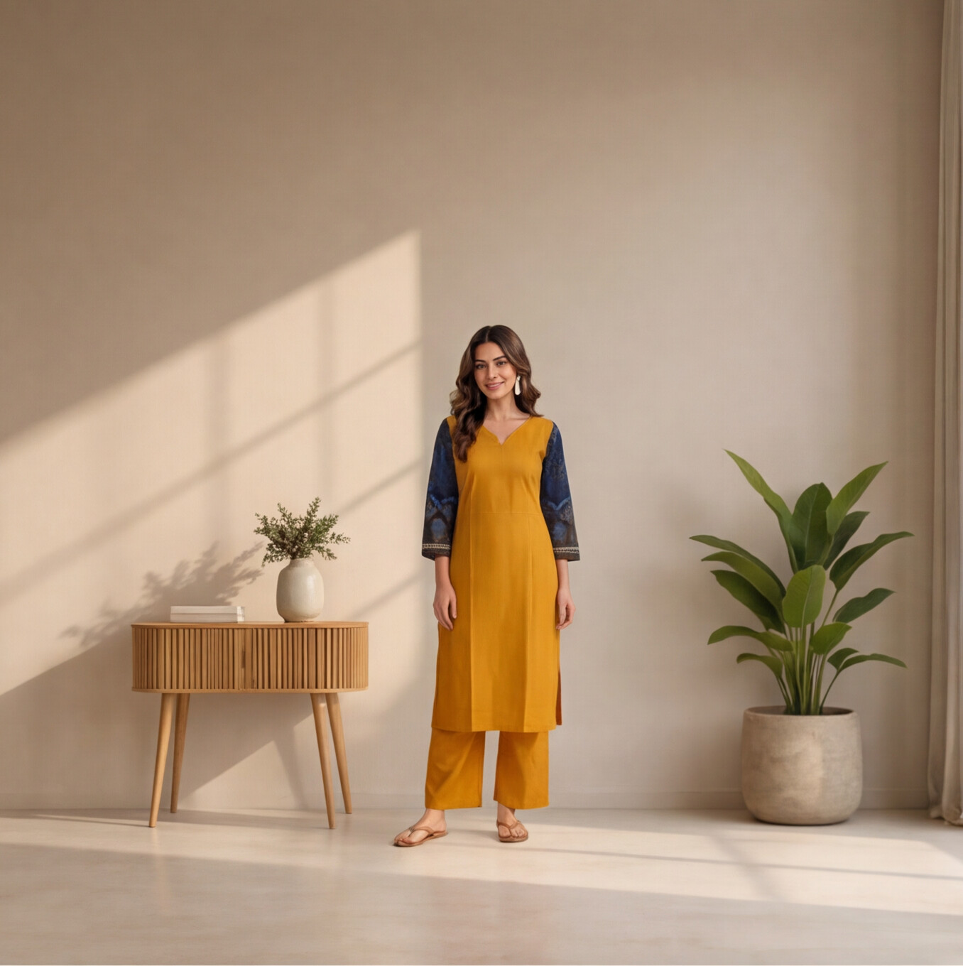 Women's Mustard Yellow Straight Kurta Set with Navy Blue Printed Sleeves