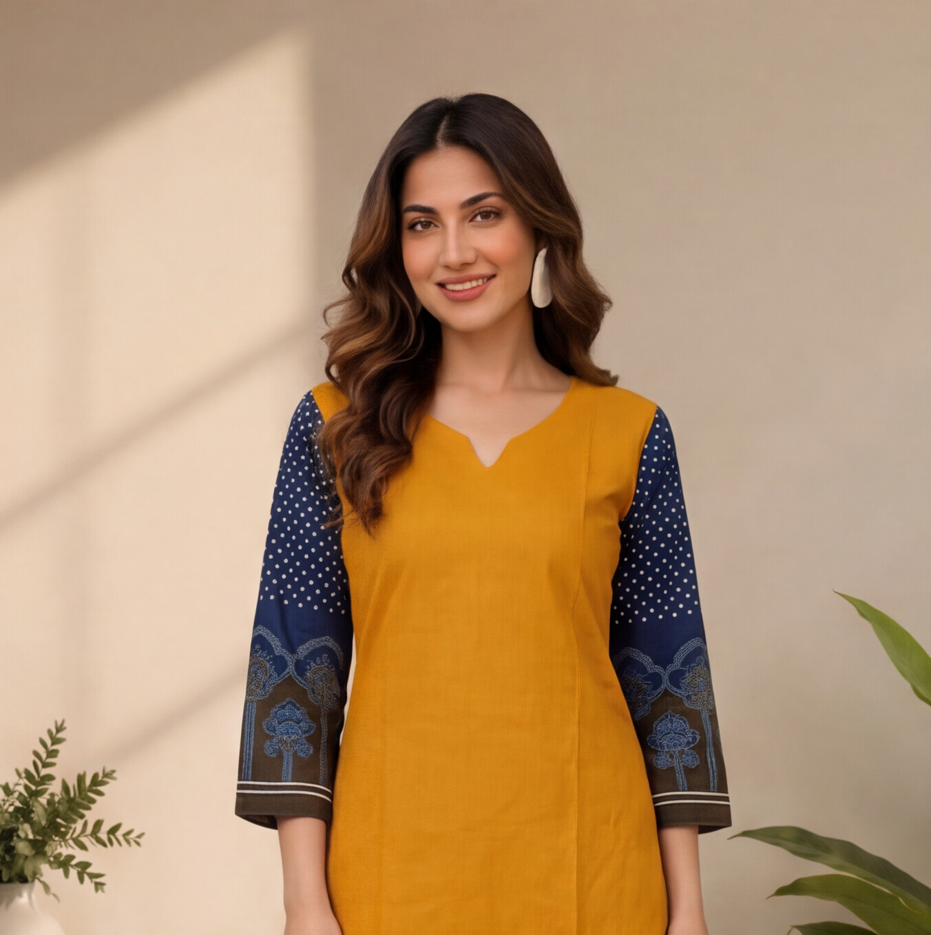 Women's Mustard Yellow Straight Kurta Set with Navy Blue Printed Sleeves
