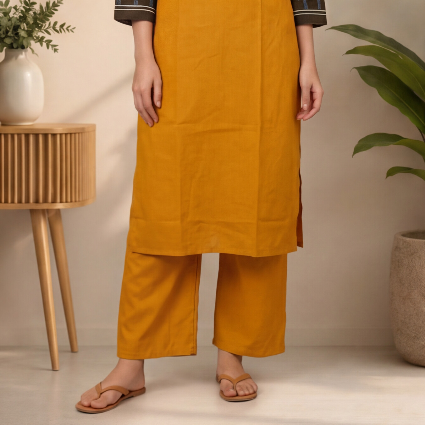 Women's Mustard Yellow Straight Kurta Set with Navy Blue Printed Sleeves